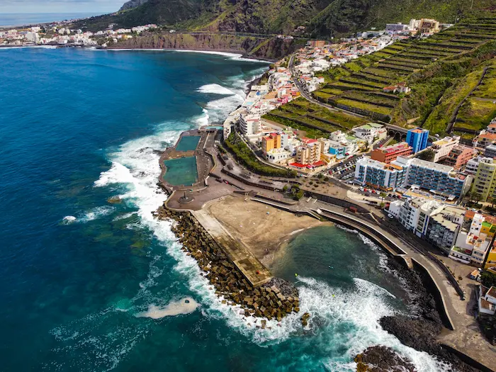 Aerial view of Bajamar Beach and natural pools in Tenerife