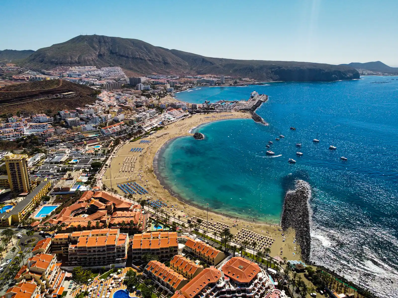Wide aerial view of Los Cristianos Beach and surrounding area