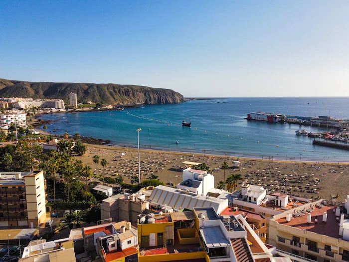 Los Cristianos Beach and ferry port view from above