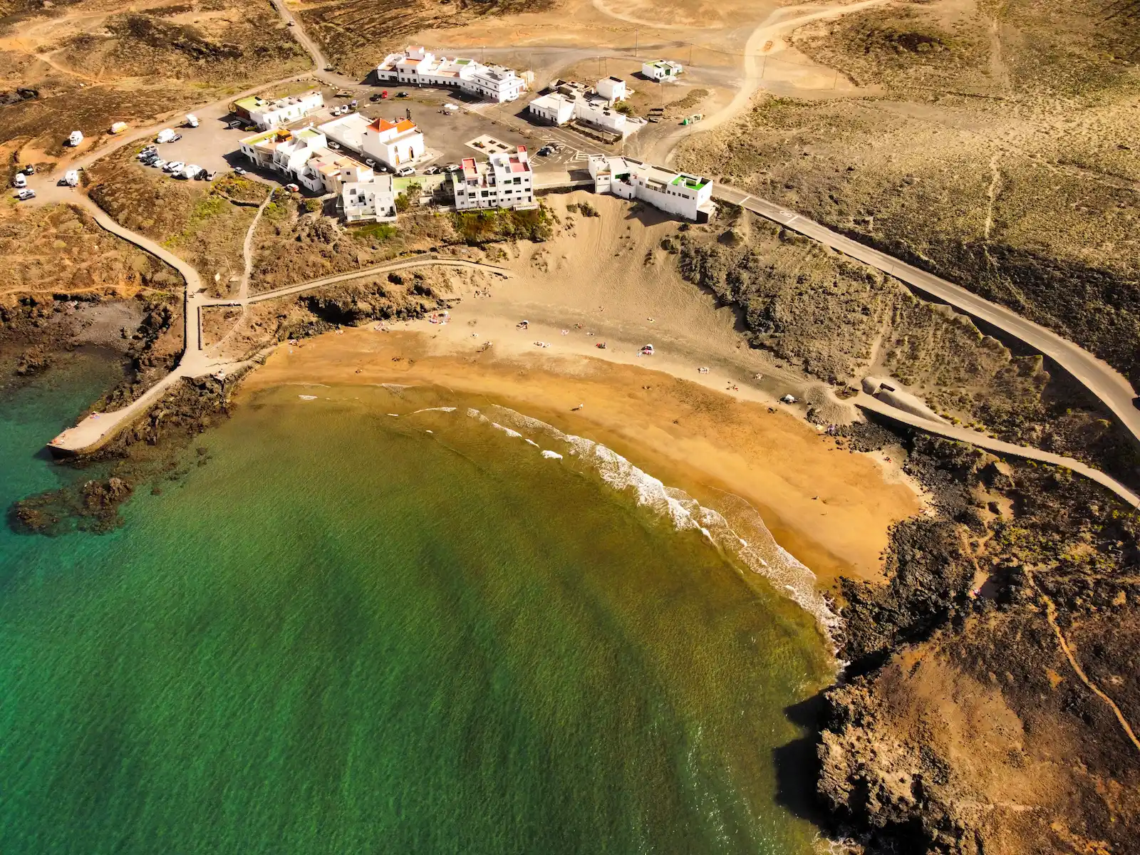 Aerial view of Playa Grande beach and small coastal village near Abades, Tenerife