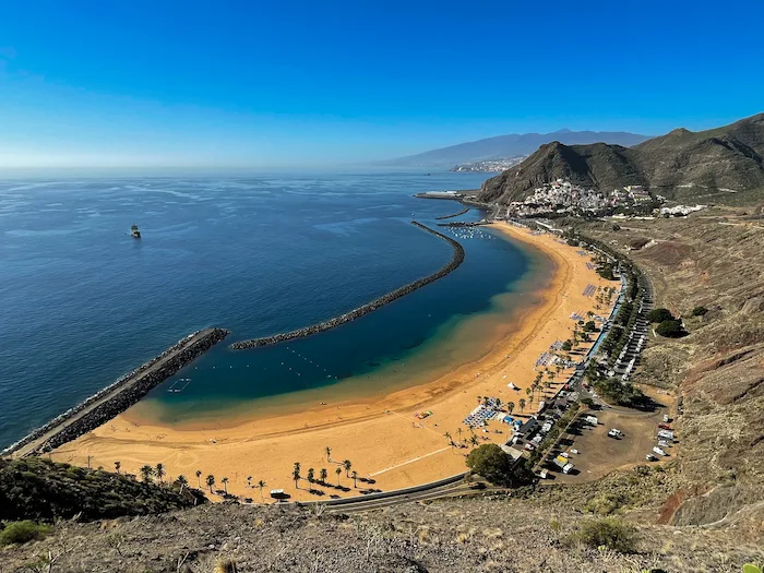 Panoramic view of Playa de Las Teresitas stretching along the coast near Santa Cruz de Tenerife.
