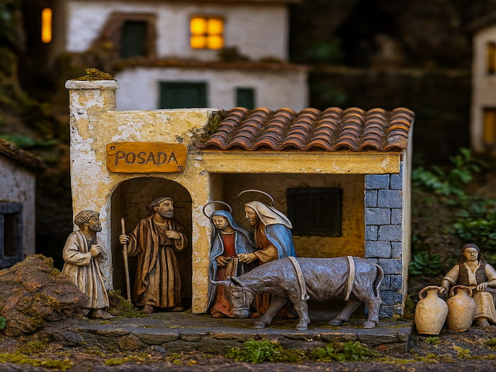 Miniature nativity scene with figurines at the Belén Municipal de Candelaria