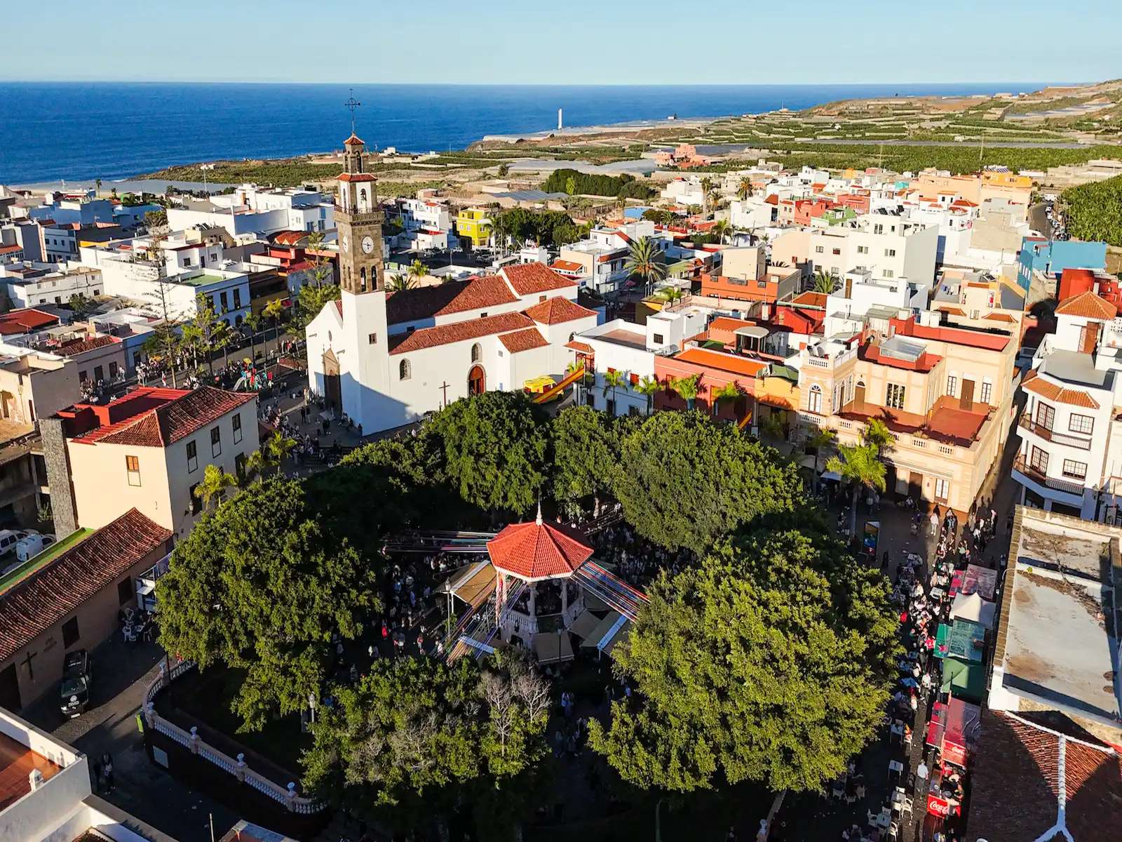 Aerial view of Buenavista del Norte town center with church and plaza