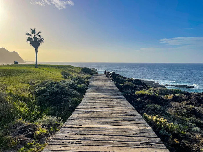 Wooden boardwalk along the Buenavista del Norte coast at sunset