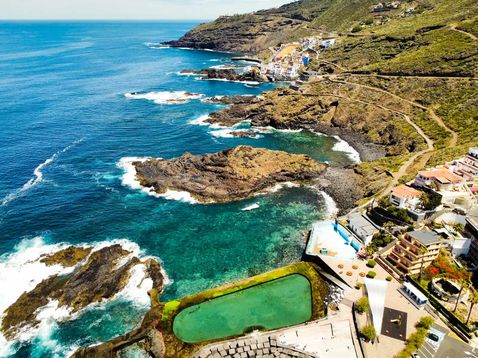 Aerial view of Mesa del Mar natural pool and Tenerife coastline