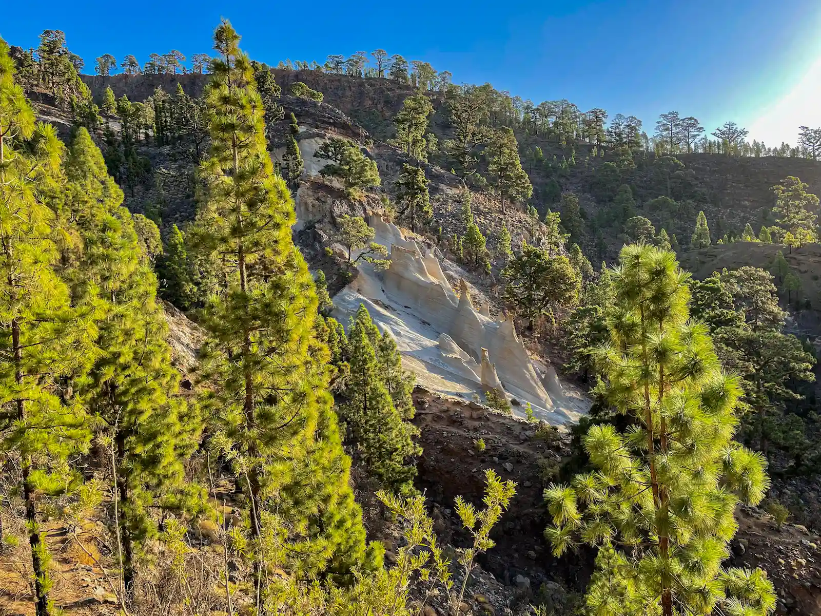 First view of white rock formations on the Paisaje Lunar Trail