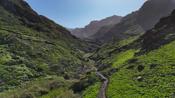 Narrow trail through the green valley on the Afur hike