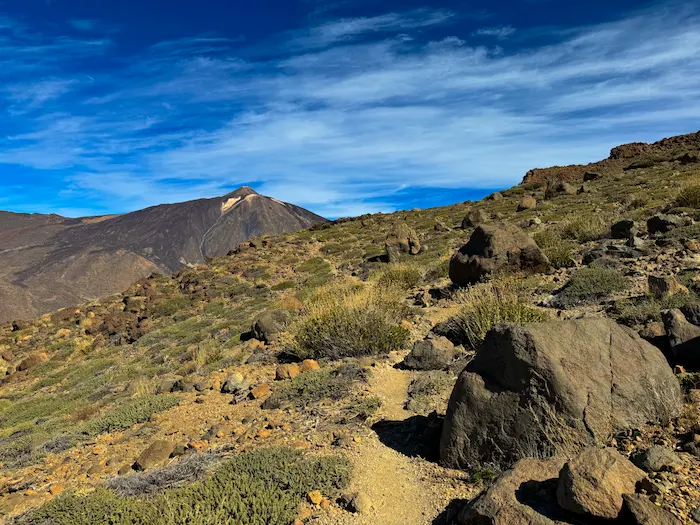 Volcanic plateau view toward Teide from Guajara trail