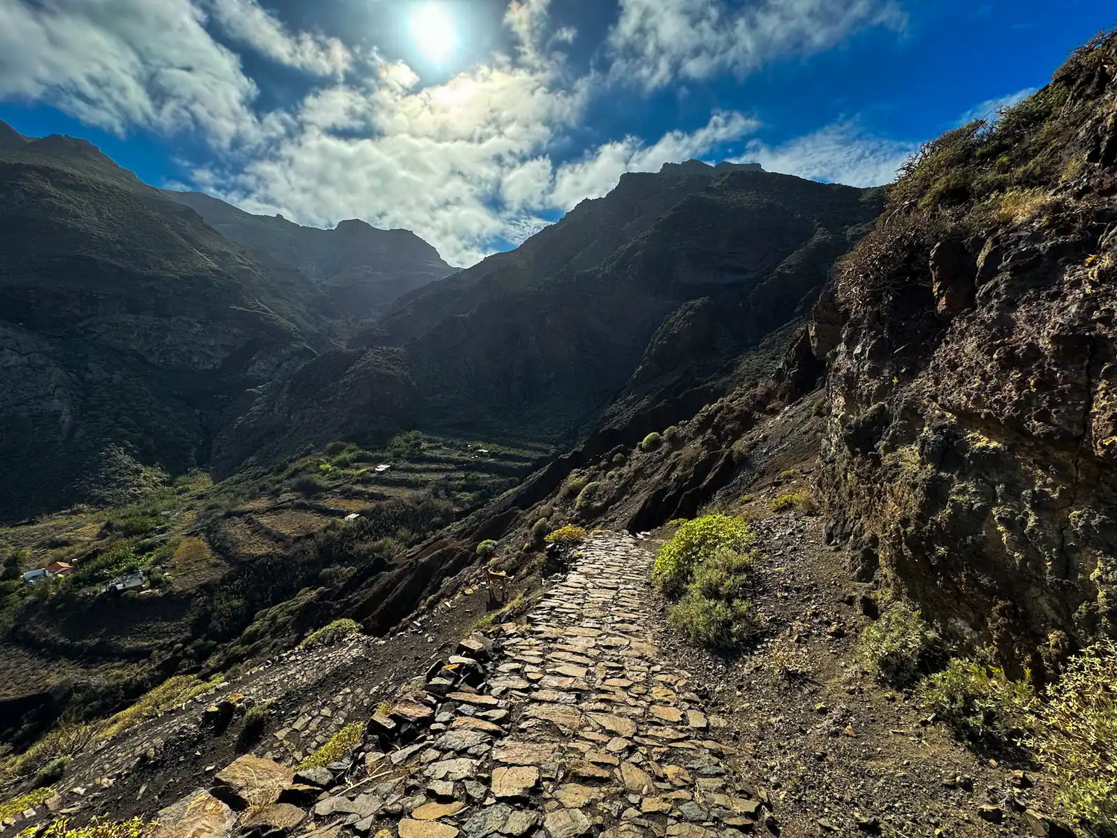 Stone hiking path descending through Anaga valley