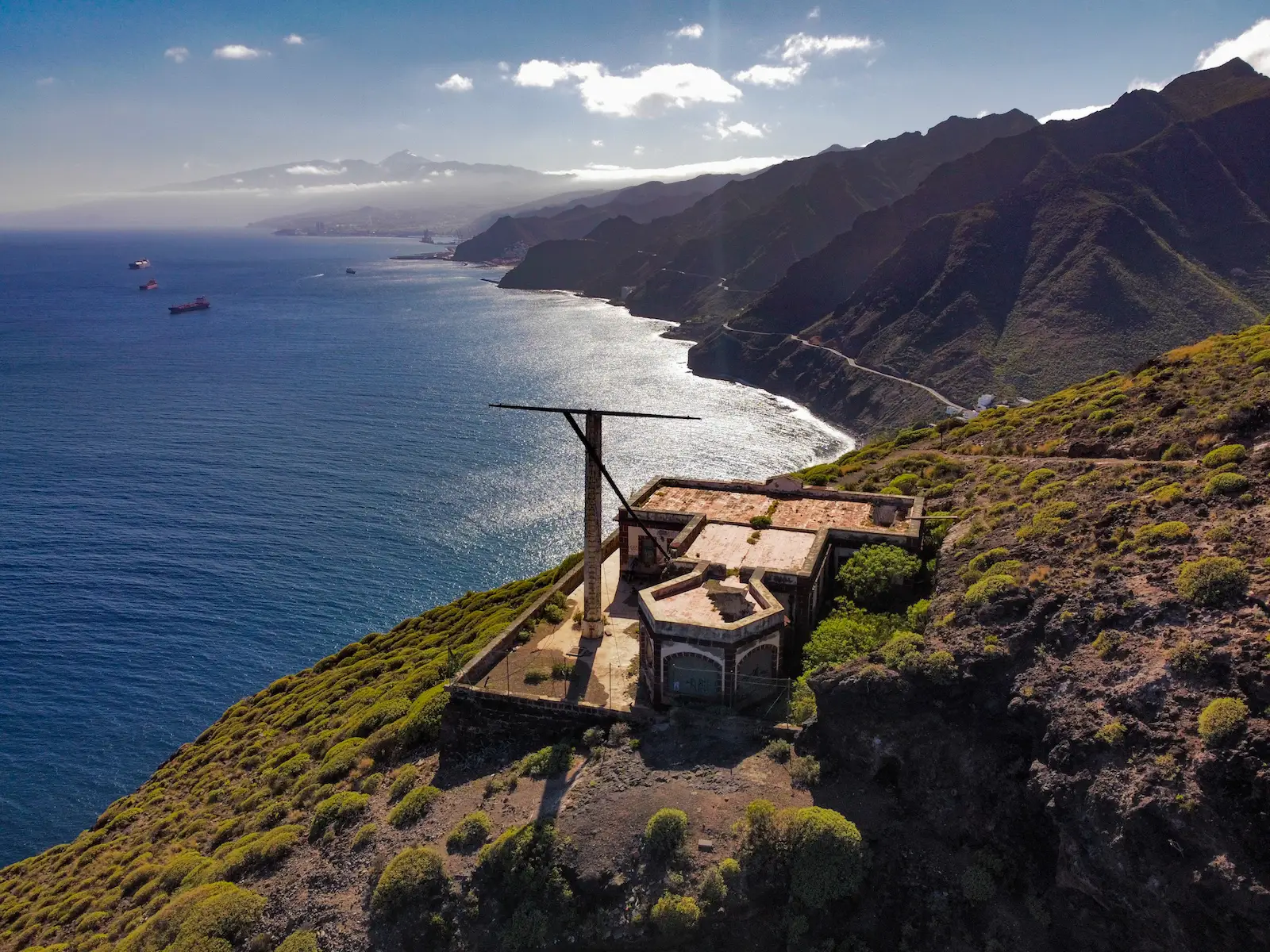 Aerial view of El Semáforo de Igueste perched above the rugged Tenerife coastline