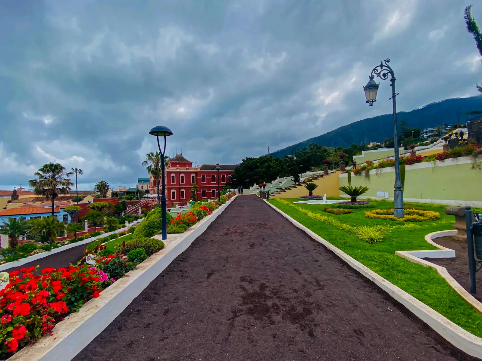 Formal gardens with pathways and flowers in La Orotava