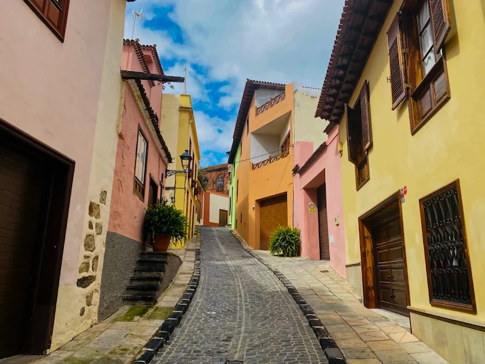 Colorful traditional houses and cobbled street in La Orotava