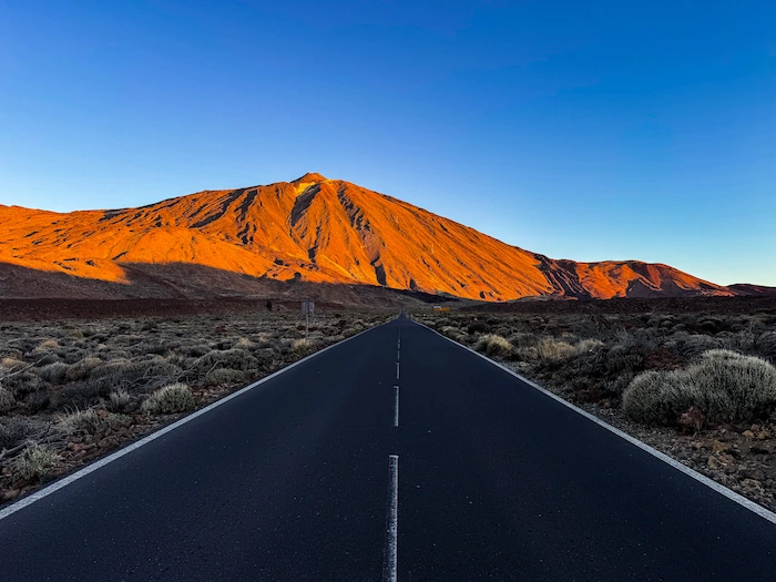 Road leading to Mount Teide at sunset