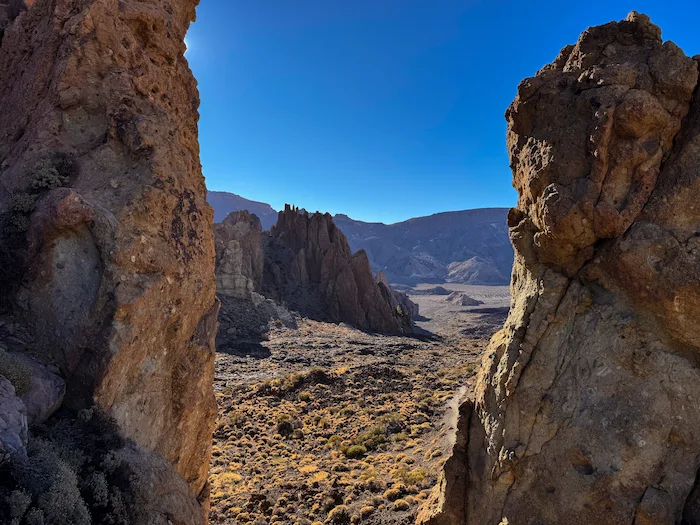 View through volcanic rocks on the Roques de García trail